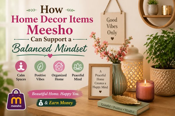 home decor items meesho supporting a balanced mindset with peaceful home décor, indoor plants, candles, and organised living spaces