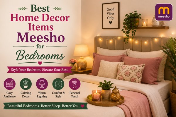 best home decor items meesho for bedrooms with cosy lighting, decorative cushions, indoor plants, and peaceful bedroom styling
