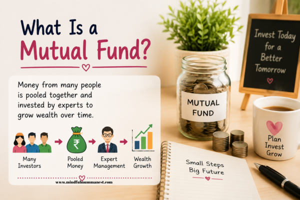 What Is a Mutual Fund infographic showing pooled investments, professional fund management, and wealth growth explained in a simple visual for beginners.