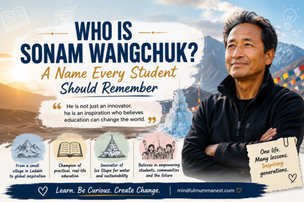 Who Is Sonam Wangchuk? A Name Every Student Should Remember content image featuring Sonam Wangchuk, Ladakh mountains, Ice Stupa, and his inspiring journey in education and innovation.