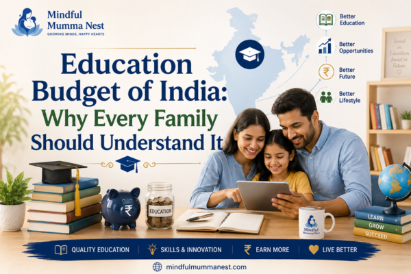 Education Budget of India image showing a family learning together with books, digital education, career growth, and better lifestyle opportunities.