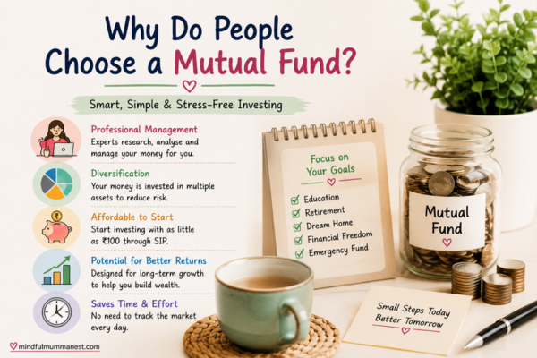 Why Do People Choose a Mutual Fund infographic showing professional management, diversification, SIP investing, and long-term financial goals for beginners.