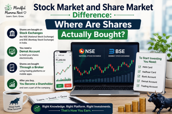 Stock Market and Share Market Difference showing where shares are bought through NSE, BSE, brokers, and Demat accounts.
