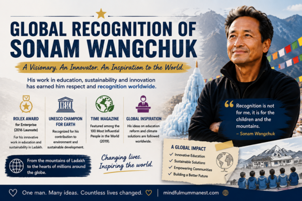 Global Recognition of Sonam Wangchuk content image highlighting his worldwide achievements in education, sustainability, innovation, and global inspiration.