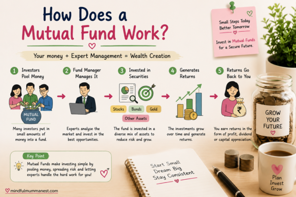How Does a Mutual Fund Work infographic showing investors, fund manager, diversified investments, returns, and wealth creation for beginners.