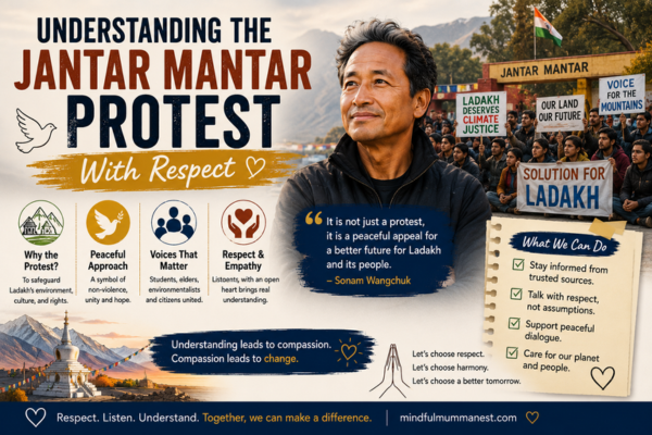 Understanding the Jantar Mantar Protest With Respect content image featuring Sonam Wangchuk, a peaceful public gathering, and messages promoting respectful dialogue and verified information.