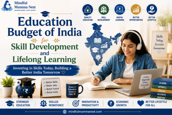 Education Budget of India for Skill Development and Lifelong Learning image showing digital learning, upskilling, education, career growth, and better lifestyle.