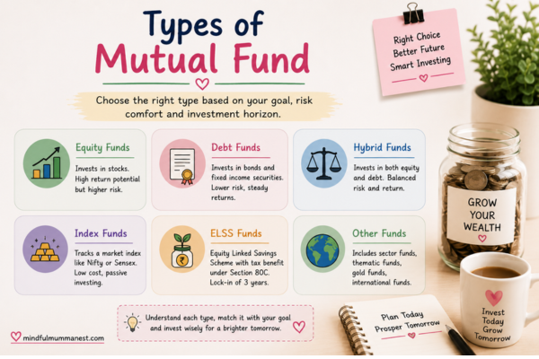 Types of Mutual Fund infographic showing equity, debt, hybrid, index, ELSS, and other mutual fund categories for beginners.