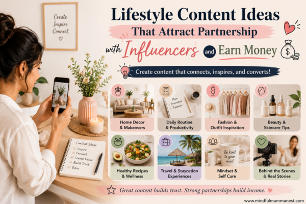 Lifestyle creator planning engaging content ideas to attract partnership with influencers and earn money through authentic brand collaborations.