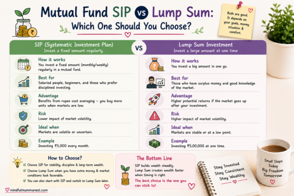 Mutual Fund SIP vs Lump Sum comparison infographic explaining investment methods, benefits, risks, and which option is suitable for beginners.