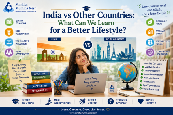 India vs Other Countries image comparing global education systems, innovation, skill development, and better lifestyle lessons for students and families.