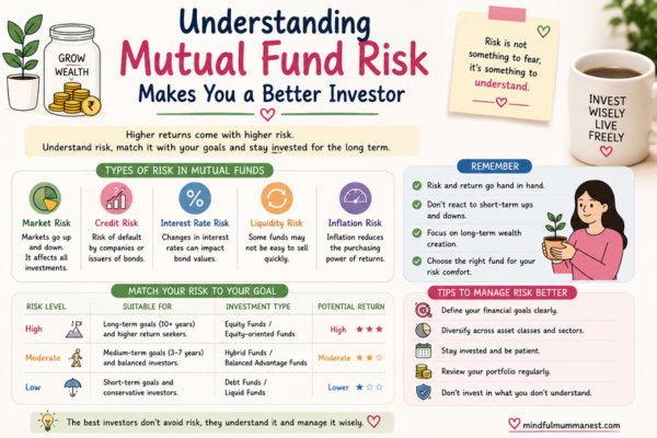 Understanding Mutual Fund Risk infographic explaining market risk, inflation risk, liquidity risk, and tips for better investing.