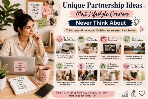 Lifestyle creator brainstorming unique partnership ideas to grow brand collaborations and earn money through creative influencer marketing.