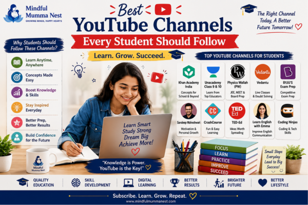Best YouTube Channels Every Student Should Follow image featuring educational YouTube channels, online learning, digital education, skill development, and career growth.