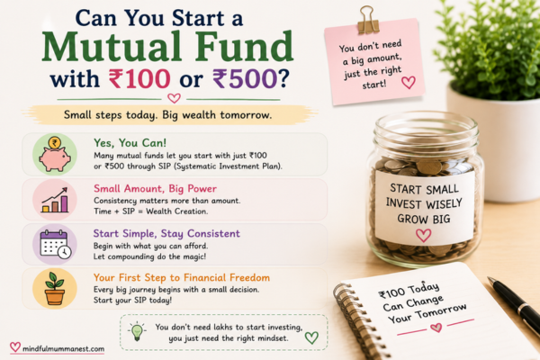 Can You Start a Mutual Fund with ₹100 or ₹500 infographic showing how beginners can start SIP investing with a small amount.