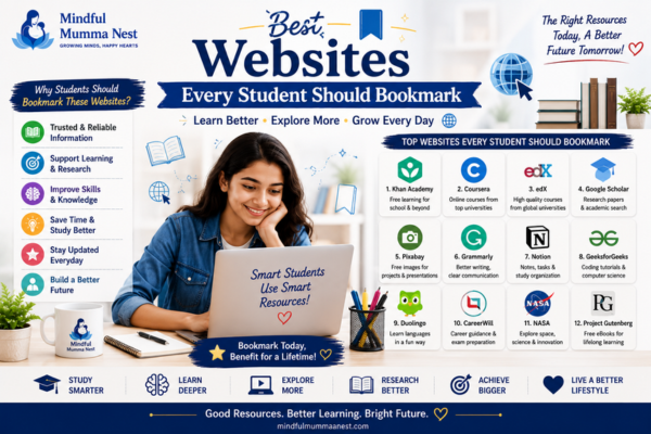 Best Websites Every Student Should Bookmark image featuring trusted educational websites, online learning, research, skill development, and better lifestyle.