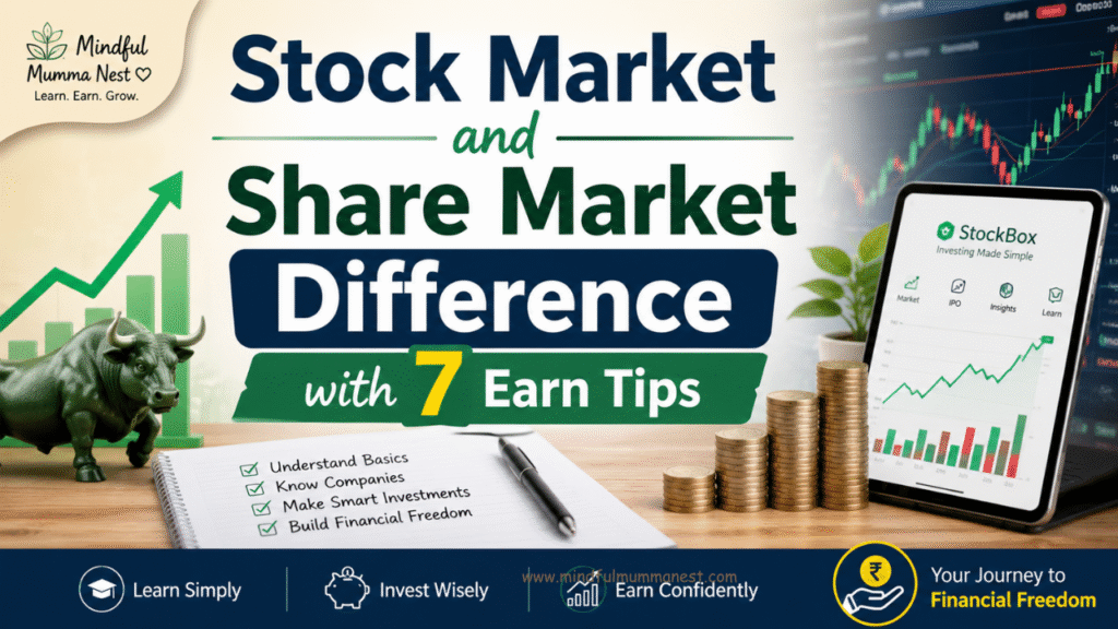 Stock Market and Share Market Difference with 7 Earn Tips featuring StockBox, stock market charts, and beginner investing visuals.