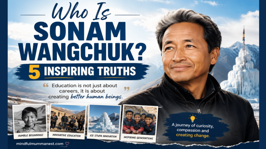 Who Is Sonam Wangchuk? 5 Inspiring Truths feature image showing Sonam Wangchuk, Ladakh mountains, Ice Stupa, and his inspiring education journey.