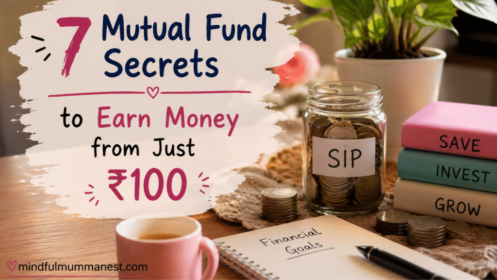 7 Mutual Fund Secrets to Earn Money from Just ₹100 feature image with SIP savings jar, coins, notebook, books, and a cup of tea for beginner investing.