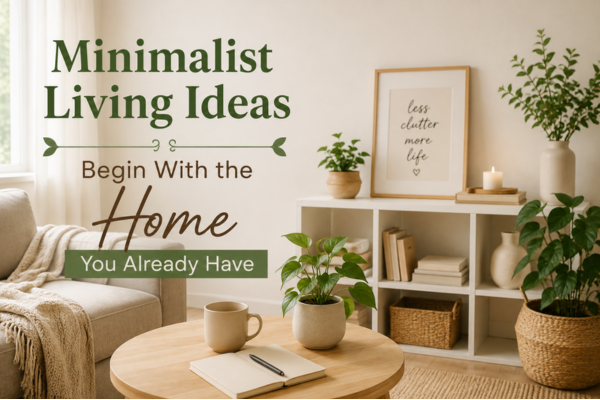 Cozy minimalist living room with plants, simple decor, wooden furniture, and an organized shelf
