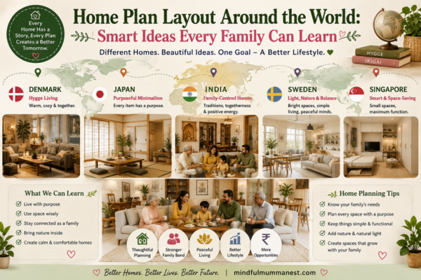Home Plan Layout Around the World infographic featuring home planning ideas from Japan, Denmark, India, Sweden, and Singapore to create a better lifestyle with Mindful Mumma Nest.