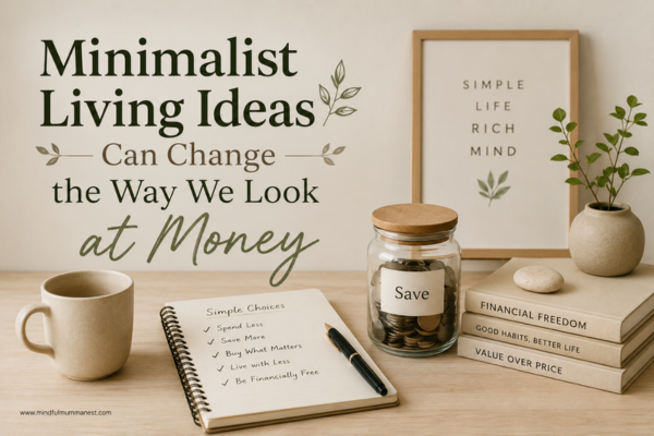 Minimalist workspace with a savings jar, notebook, books, coffee mug, and indoor plant representing mindful money habits.
