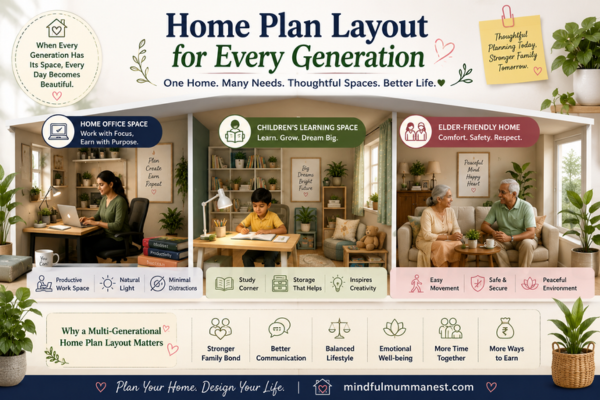 Home Plan Layout for Every Generation showing a home office, children's learning space, and elder-friendly home design for a balanced family lifestyle by Mindful Mumma Nest.