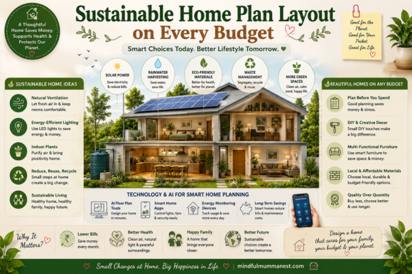 Sustainable Home Plan Layout on Every Budget featuring eco-friendly home planning, solar energy, smart technology, budget-friendly ideas, and sustainable living tips by Mindful Mumma Nest.