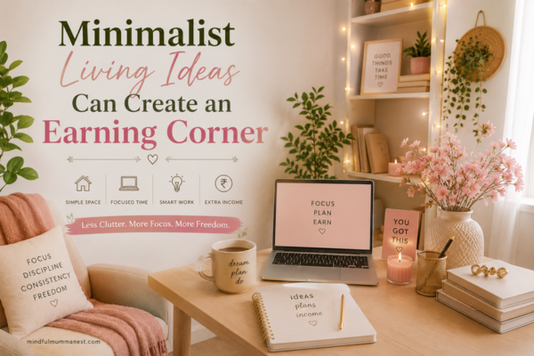 Cozy minimalist home office with a laptop, notebook, plants, flowers, and workspace for earning from home
