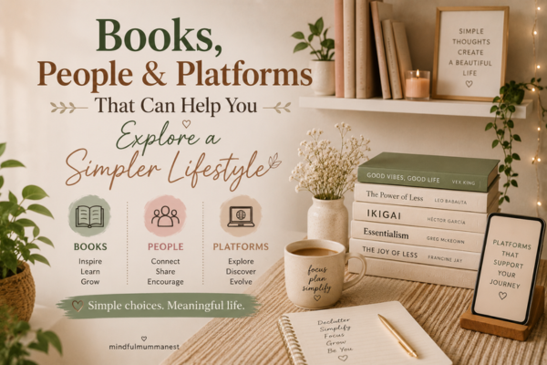 Books, people, and digital platforms displayed in a cozy minimalist space to inspire a simpler lifestyle
