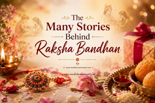 The many stories behind Raksha Bandhan with a traditional Rakhi, diya, sweets, flowers and cultural illustrations
