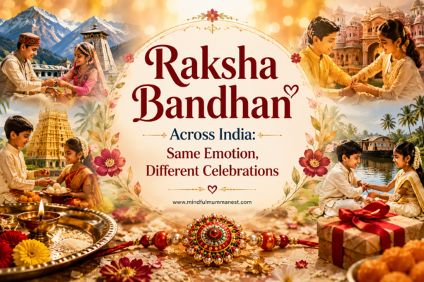 Raksha Bandhan celebrations across India showing siblings tying Rakhi, traditional outfits, regional landmarks, sweets, gifts and festive decorations