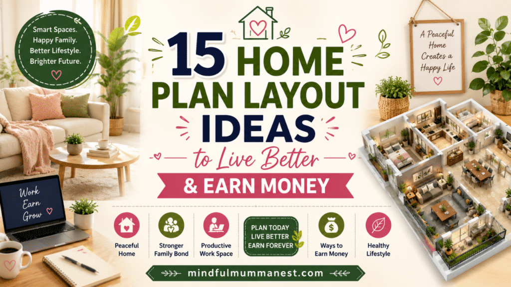 Feature image for 15 Home Plan Layout Ideas to Live Better & Earn Money, showing a smart home layout, family-friendly spaces, work-from-home ideas, and lifestyle planning by Mindful Mumma Nest.