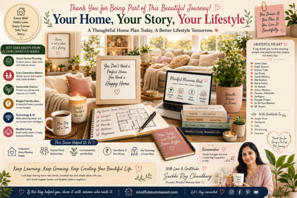 Final Lifestyle Series image celebrating thoughtful home plan layout, mindful living, family happiness, gratitude, lifelong learning, and a better lifestyle with Mindful Mumma Nest.