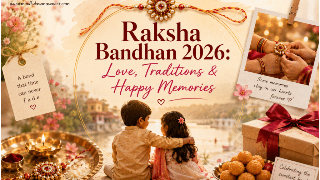 Raksha Bandhan 2026 celebration with a sister tying Rakhi on her brother’s wrist, surrounded by gifts, sweets, flowers and festive decorations