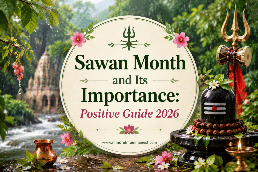 Sawan Month and Its Importance: Positive Guide 2026 with Lord Shiva, monsoon nature and temple setting