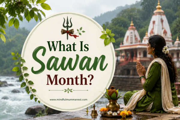 Woman praying at a temple during Sawan with monsoon greenery, river and traditional Hindu devotional setting
