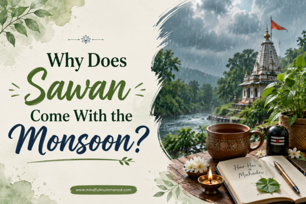 Sawan and the monsoon with rainy temple landscape, flowing water, greenery, diya and Shiva-inspired devotional elements