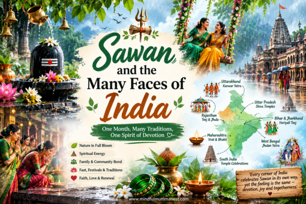 Sawan and the many faces of India showing Shiva worship, monsoon nature, women, temples, regional traditions and celebrations