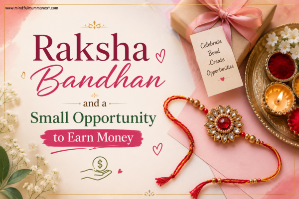 Raksha Bandhan celebration with a beautiful rakhi, gift box, sweets, diya, and a message about creating a small opportunity to earn money.