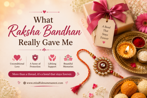 Raksha Bandhan celebration showing a rakhi, gift, diya, sweets, and messages about unconditional love, protection, lifelong support, and beautiful memories.