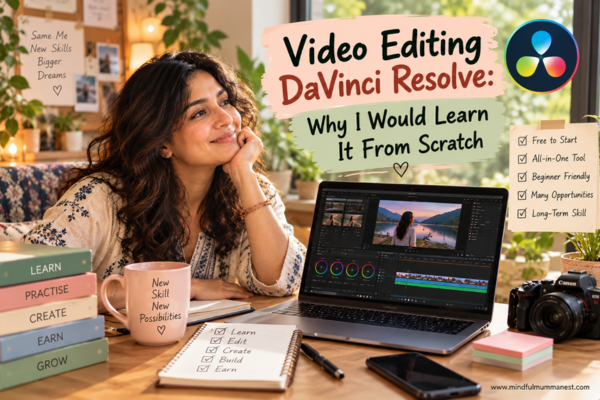 Video editing DaVinci Resolve beginner learning guide showing a woman starting from scratch with a laptop, editing tools and a simple creative workspace.
