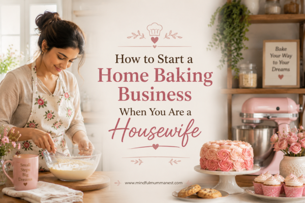 Indian housewife baking in a cozy home kitchen while starting her own home baking business
