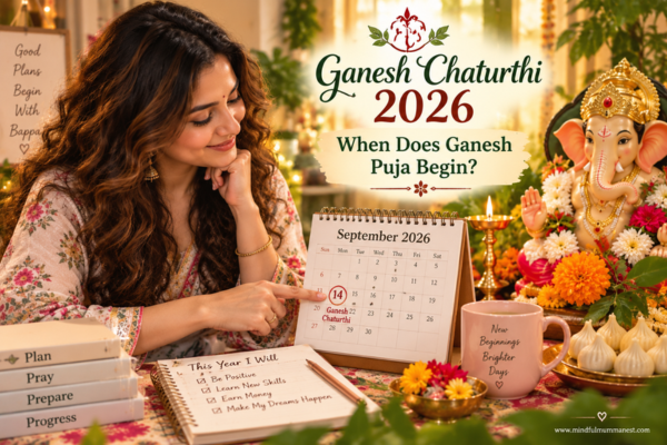 Ganesh Chaturthi 2026 puja date with woman praying beside Lord Ganesha, festive offerings and September calendar