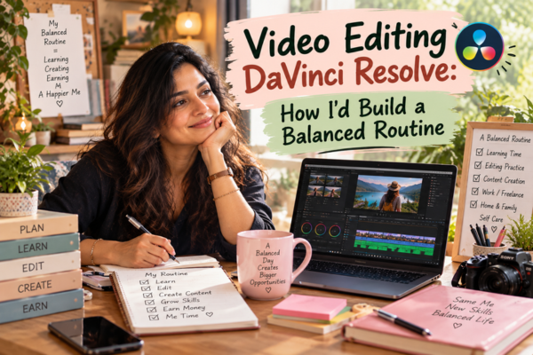 Video editing DaVinci Resolve balanced routine showing a woman learning, practising editing, creating content, managing work and making time for herself.
