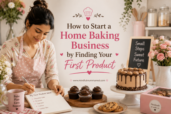 Woman planning her first product for a home baking business with cakes, cupcakes and cookies
