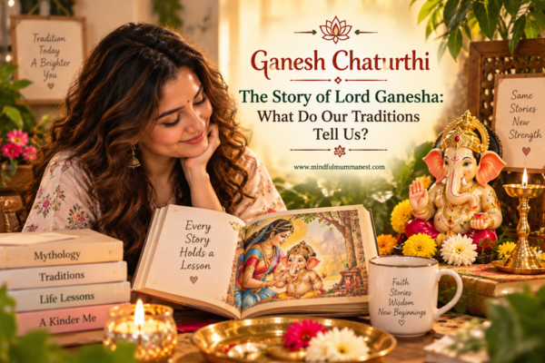 Ganesh Chaturthi story of Lord Ganesha with woman reading traditional mythology, Ganesha idol, diya and festive flowers