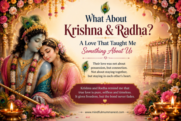 Krishna and Radha together in a beautiful Vrindavan-inspired setting with flowers, peacock feathers, flute and diyas, representing pure and selfless love.