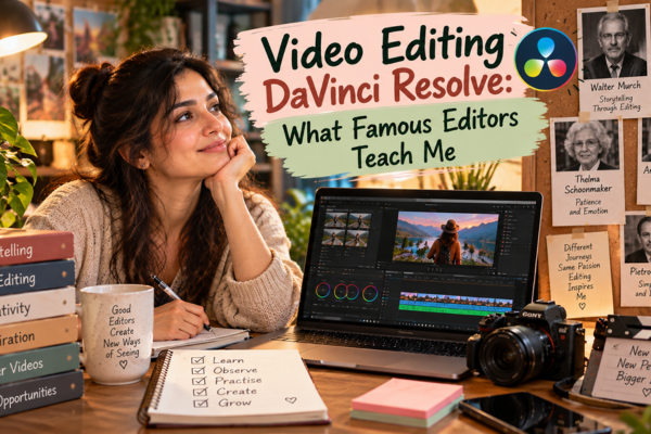 Video editing DaVinci Resolve learning scene showing a woman studying famous editors, storytelling, film editing and creative skills at a laptop.
