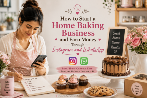 Woman using Instagram and WhatsApp to promote her home baking business and earn money

